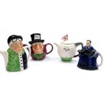 Four novelty Tony Wood pottery teapots, comprising jockey, Mad Hatter, a golf ball, and old lady in