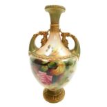 A Royal Worcester blush porcelain vase, circa 1907, of twin handled baluster form, painted by R. Aus