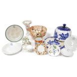 A group of ceramics, including a Staffordshire blue and white stilton dish and cover, printed with r