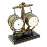 A 19thC brass nautical related combination clock and barometer, modelled in the form of a ship's anc