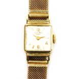 A Longines lady's 9ct gold cased wristwatch, square silvered dial bearing Arabic numerals at evens,
