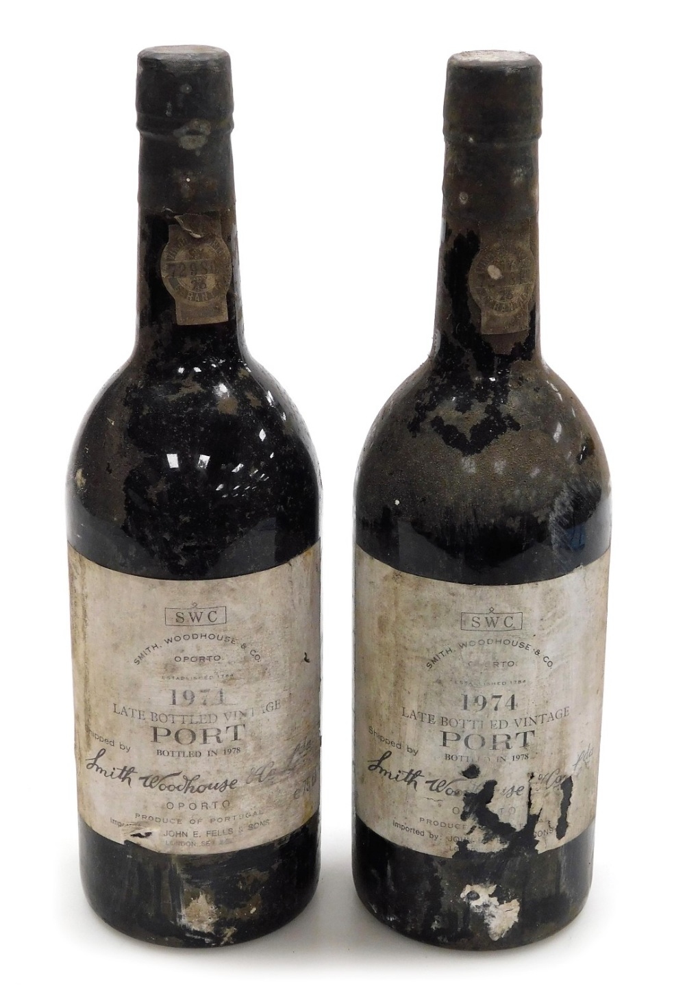 Two bottles of vintage 1974 Smith Woodhouse and Co Port, late bottled 1978.