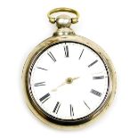 A George IV silver pair cased pocket watch, open faced, key wind, circular enamel dial bearing Roman