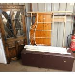 A group of furniture, to include a pine double bed head, blinds, blanket box, etc. (a quantity)