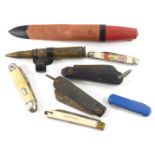 A group of penknives, to include a horn handled penknife, two mother of pearl handled penknives, a S