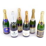 Six bottles of champagne and sparkling wine, comprising Antoini de Clevecy, a Sainsbury's Sparkling