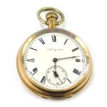 An early 20thC Elgin gold plated gentleman's pocket watch, open faced, keyless wind, enamel dial bea