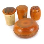 A group of mauchline ware boxes, comprising a The Pier Southsea Hants pin box, 7cm high, a treen str