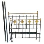 A Victorian cast iron and brass double bed, with side irons, and a pine slatted mattress shelf.