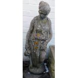 A reconstituted stone figure of a Roman female, in flowing robes with water vessel, on circular base