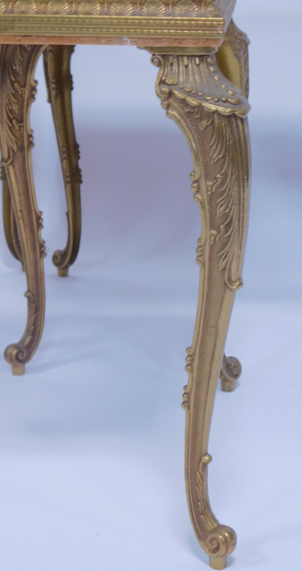 A 1970s set of three brass and green onyx occasional tables, raised on cabriole legs, each 36cm high - Image 2 of 3