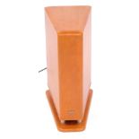 A Denon DSW-3L speaker, serial no 4089745822, triangle shaped in wood effect case, 44cm high, 33cm d