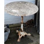 A cast iron and marble circular pub table, on a white painted base, with circular marble top, 70cm h