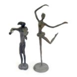 Two mannerist brass sculptures, comprising a ballerina dancing, 33cm high, and a girl playing a viol