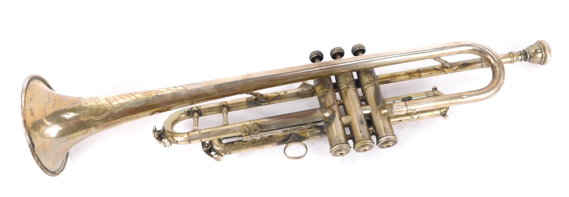A trumpet, engraved Manhattan, with mouthpiece, 50cm long. (AF)