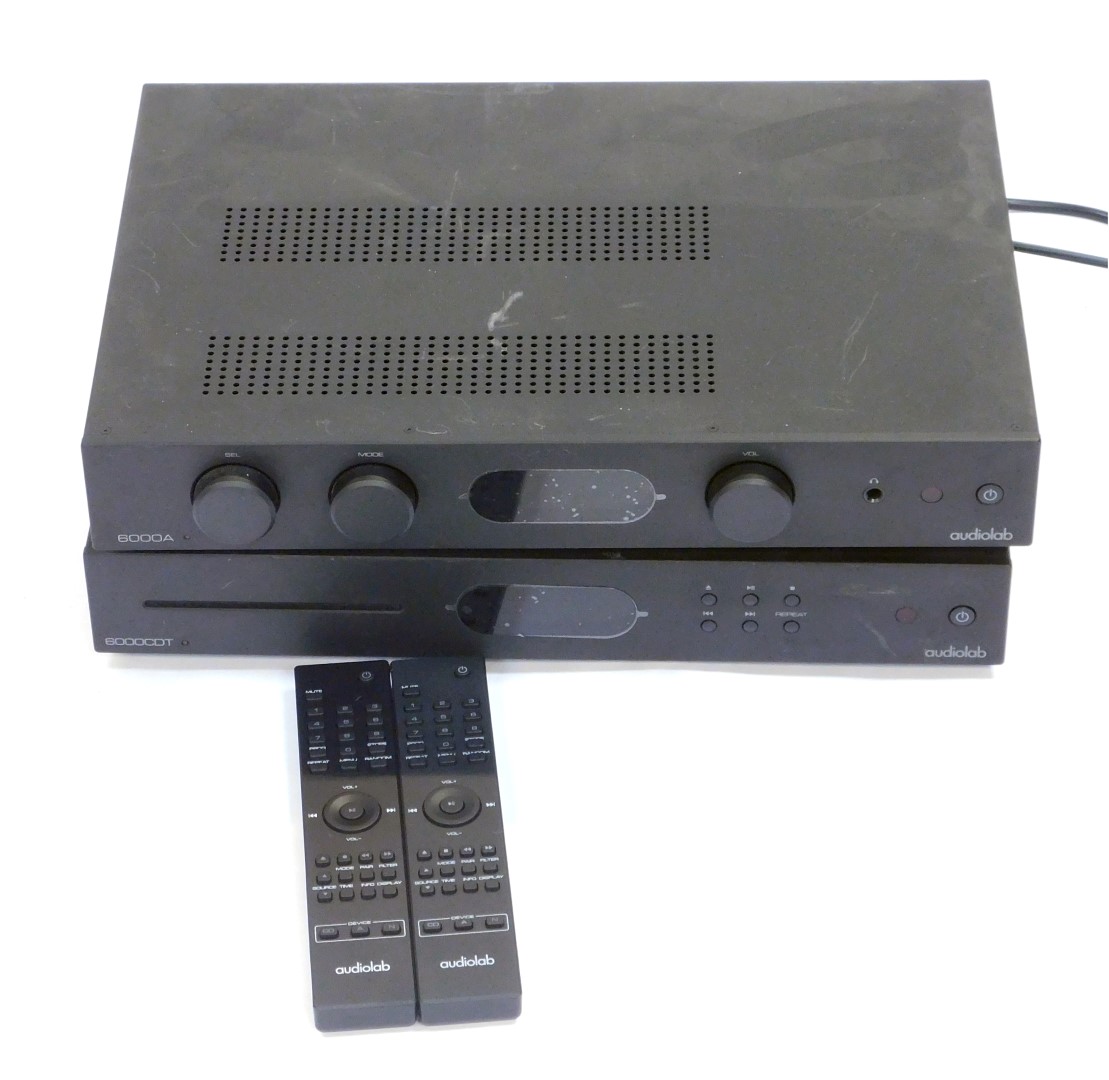 Audiolab hi-fi, comprising a 6000A and 6000CDT receiver, serial no AH007101CCA5355 and AH007801CJA57