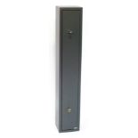 A grey metal gun cabinet, with two keys, 130cm high.