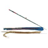 A group of fishing tackle, comprising a Spir Glass Lerc rod, a Milbro split cane fishing rod, a J Cl
