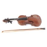 A Chinese two piece back violin, and associate bow, 57cm long. (AF)