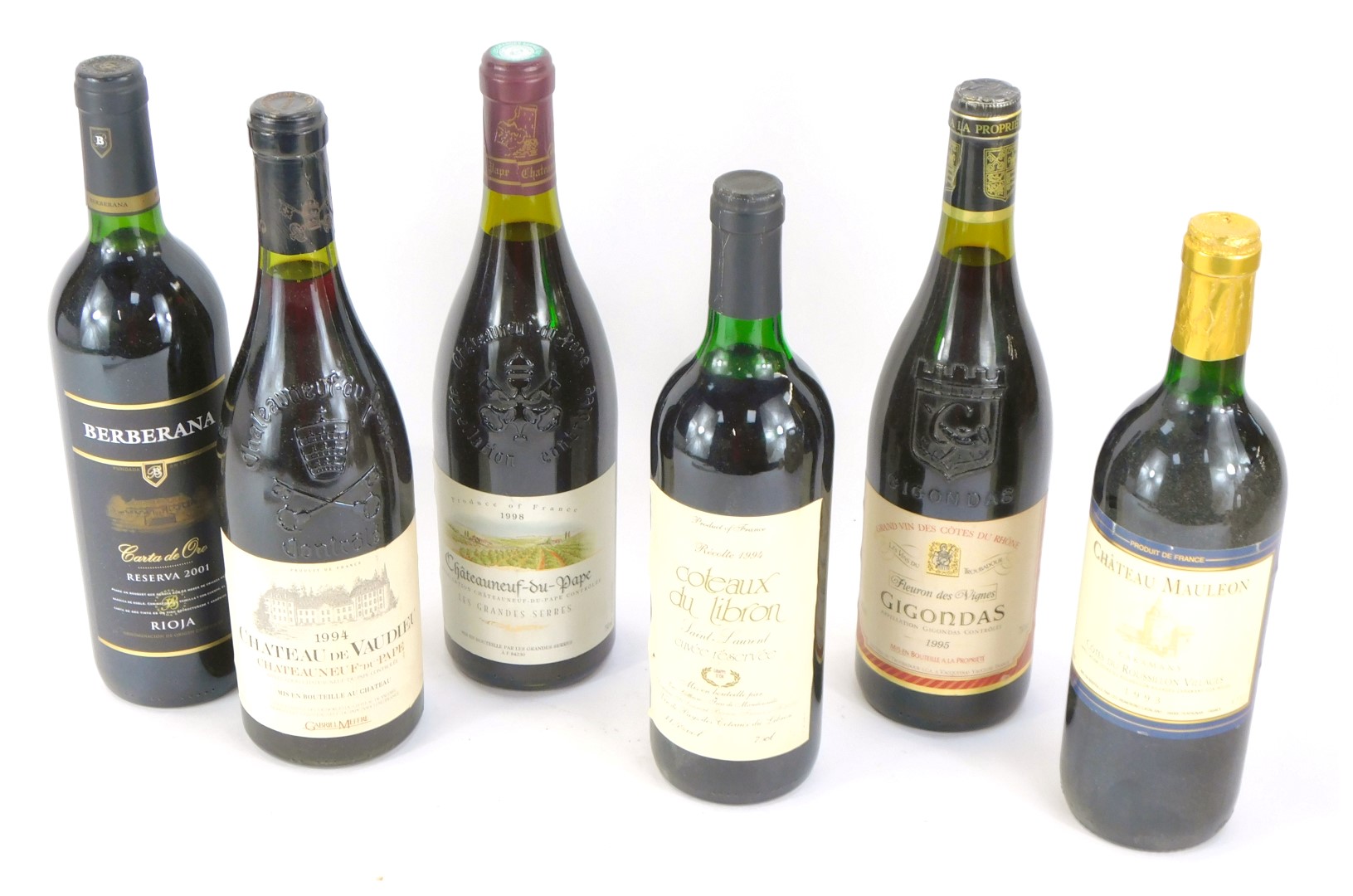Six bottles of wine, comprising a Chateau du Vaudieu Chateauneuf-du-Pape 1994, a Cotaux du Libron Re