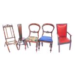 A pair of Victorian mahogany balloon back single dining chairs, folding chair, Welsh spinning chair,
