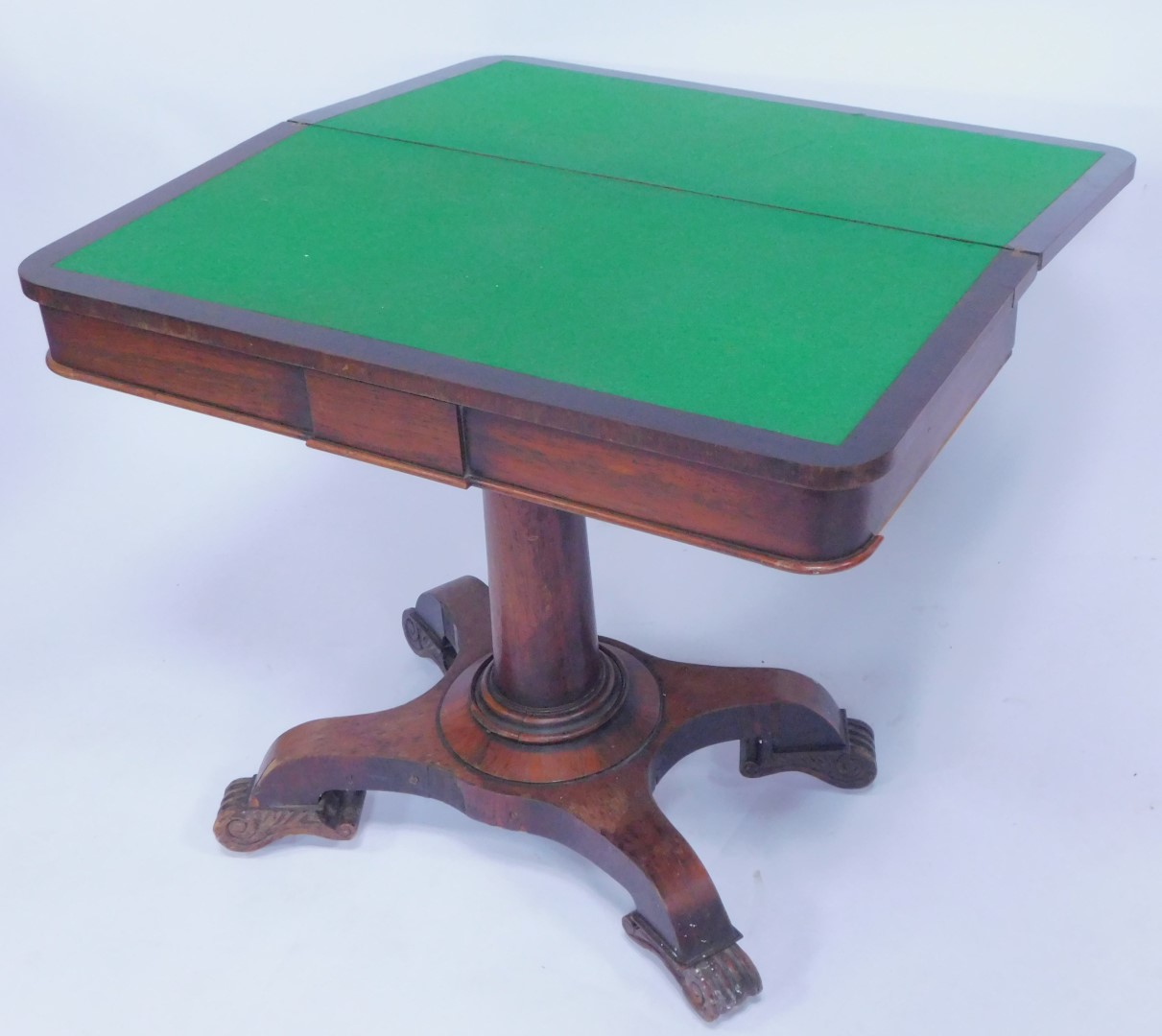 A Regency rosewood fold over card table, raised on a tapering cylindrical column over a quatrefoil b - Image 2 of 2