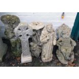 A group of reconstituted stone garden ornaments, to include Celtic cross, bird bath stand, cherubs,