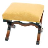 A Regency style rosewood X framed stool, upholstered in overstuffed yellow draylon, 48cm wide.