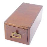 A late 19thC mahogany records card drawer, with single brass handle and a lined interior, 14cm high,