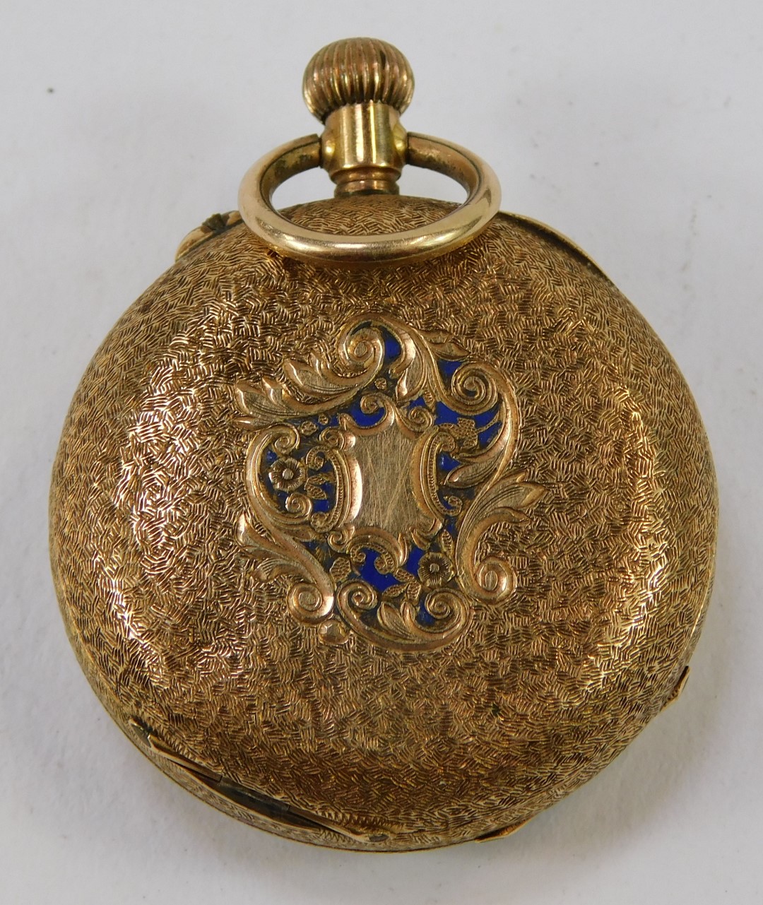 A Continental lady's pocket watch, the watch in a yellow metal casing, with scroll and blue enamel d - Image 2 of 3