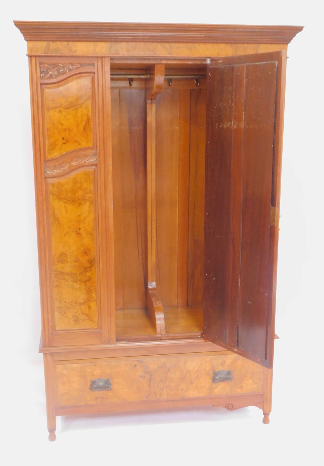 A Victorian mahogany and walnut double wardrobe, the outswept pediment with a dentil moulding, above - Image 2 of 2