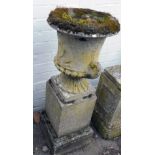 A reconstituted stone campana urn planter, the campana top with figure of female, on a circular base