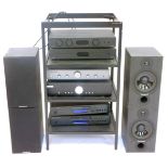 A cased hi-fi system, comprising Audiolab 6000A, Audiolab 600CDT, Cambridge AXA25, M2SI My Music Fid