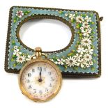 A Continental lady's pocket watch, the watch in a yellow metal casing, with scroll and blue enamel d