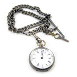A Victorian silver lady's pocket watch, with engraved shield and flower engraved case, with white en