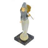 A figure of a female carrying parasol, on a marble base, the figure composite, impressed to base of