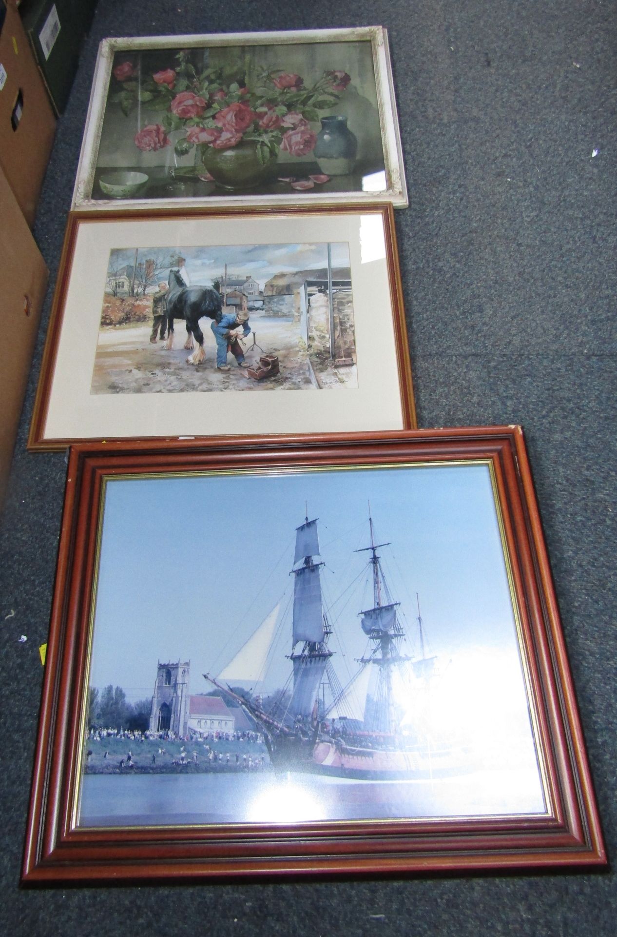 Three pictures, comprising a shipping print, after Edwin Swakon, horse being re-hoofed, and a floral