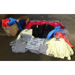 A quantity of lady's clothing, evening coats, Barbour type jacket, beach mats, etc. (2 boxes plus)