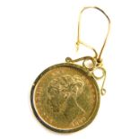 A Victorian gold shield back half sovereign 1890, in 9ct gold earring setting, 4cm high, 5.5g all in