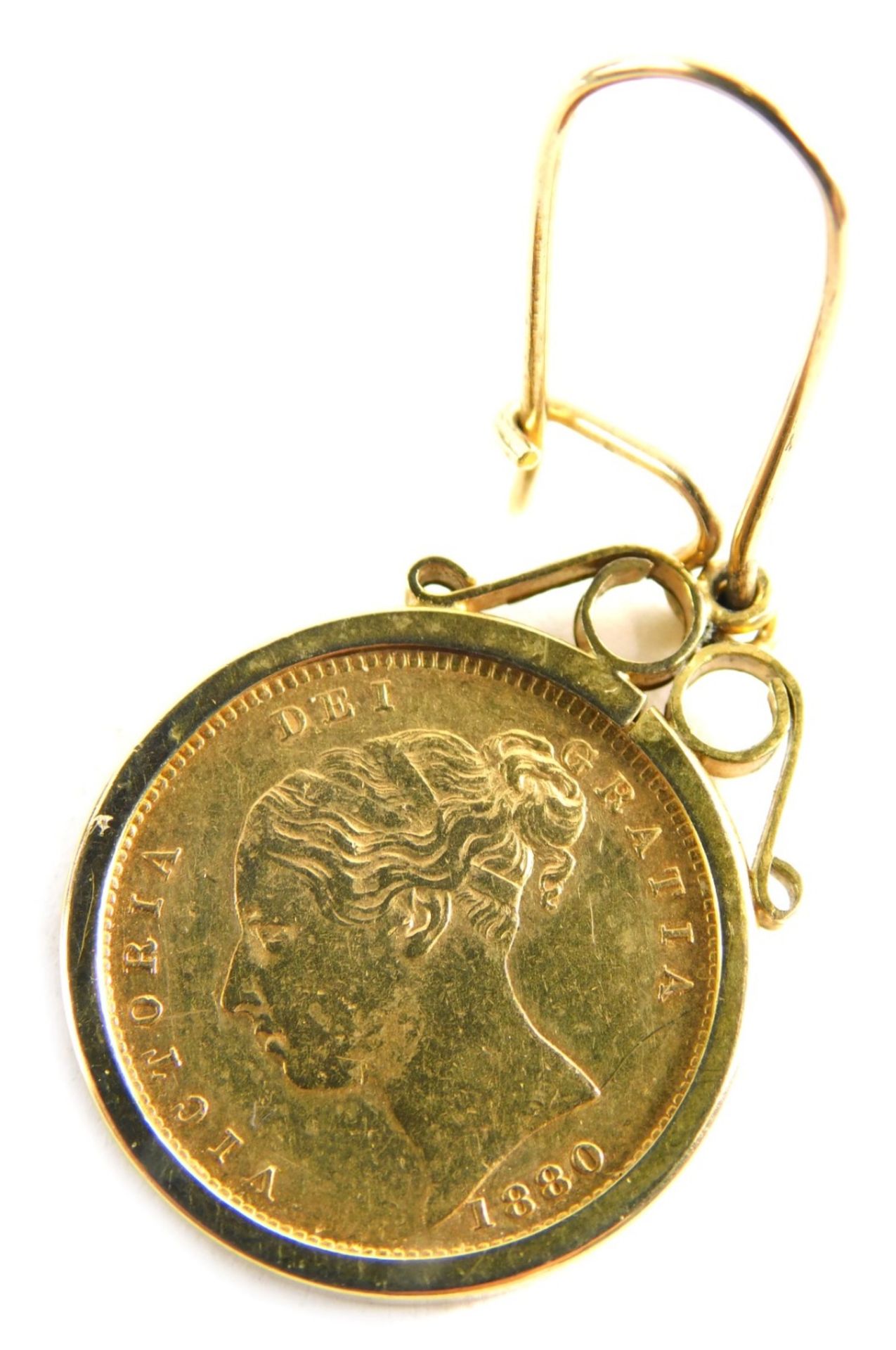 A Victorian gold shield back half sovereign 1890, in 9ct gold earring setting, 4cm high, 5.5g all in