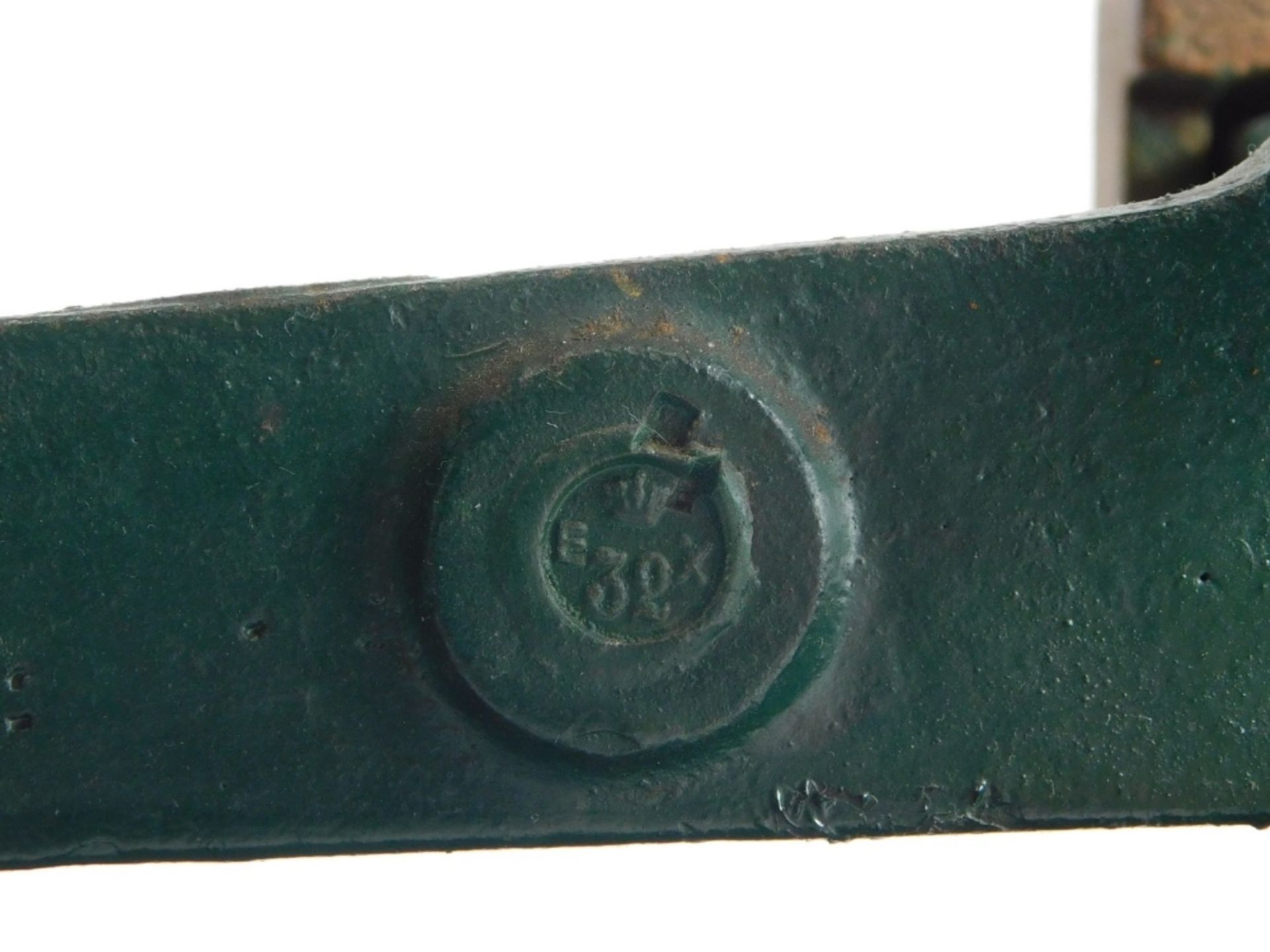 An early 20thC cast iron table scale, in green, on rectangular base marked Forge Five Kilo, on brack - Image 2 of 2