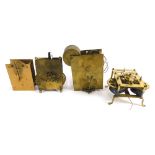 Various clock workings, brass square back clock working, marked Patd England D589, 12cm high, and th