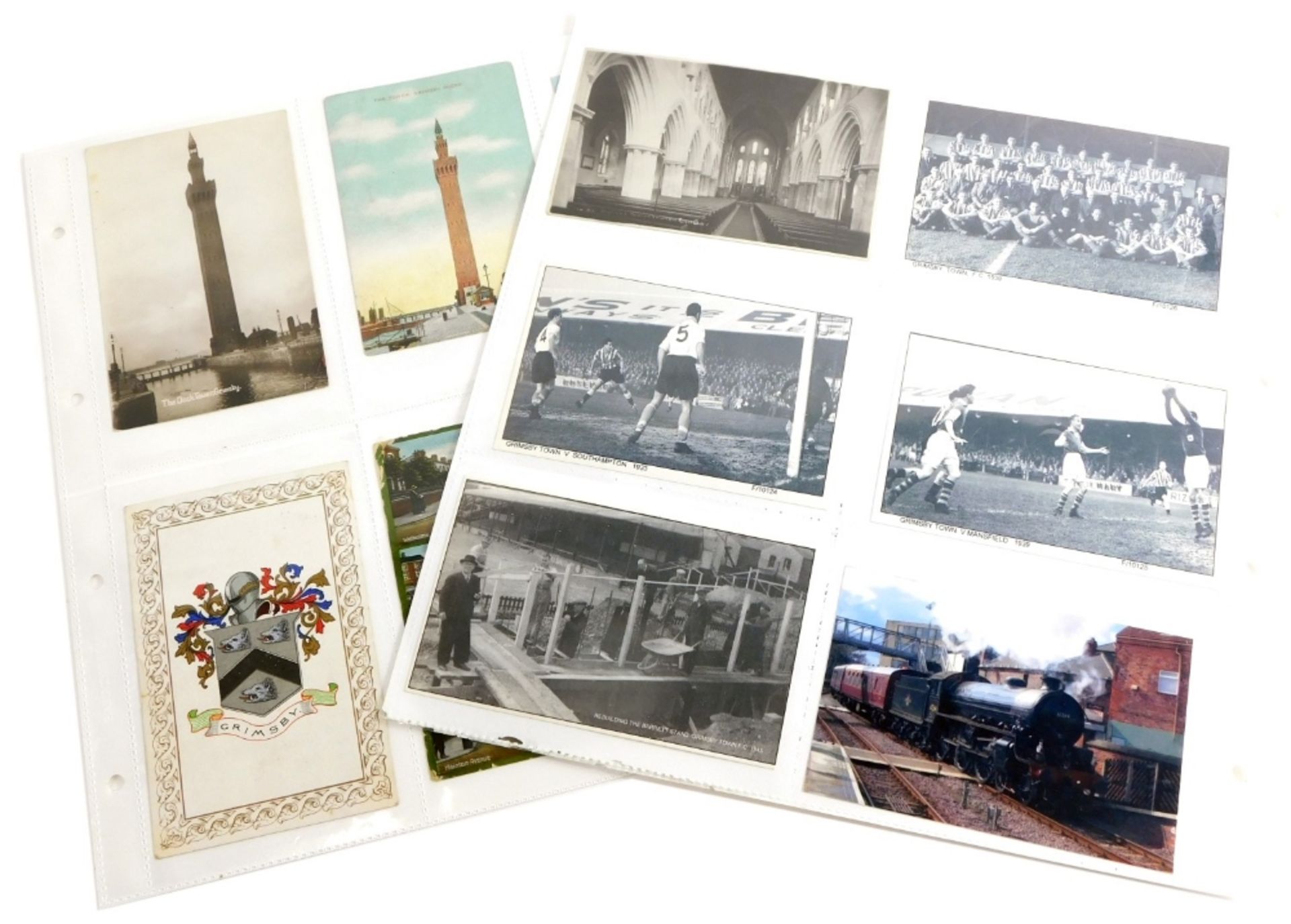 Various 20thC Grimsby postcards, Bargate, St. James' Church, later football cards Vs Mansfield 1939,
