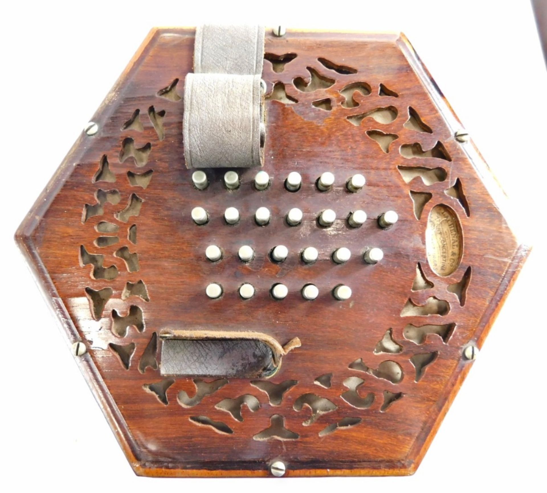 A 19thC Lachenal and Co London concertina, with 48 chrome buttons, in fitted case, 19cm high, labell - Image 3 of 5