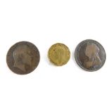 Various coins, penny trident 1895, 1902 penny, and 1906 threepenny bit. (3)