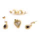 A group of earrings and pendants, comprising a 9ct gold heart shaped pendant, set with czs, a pair o