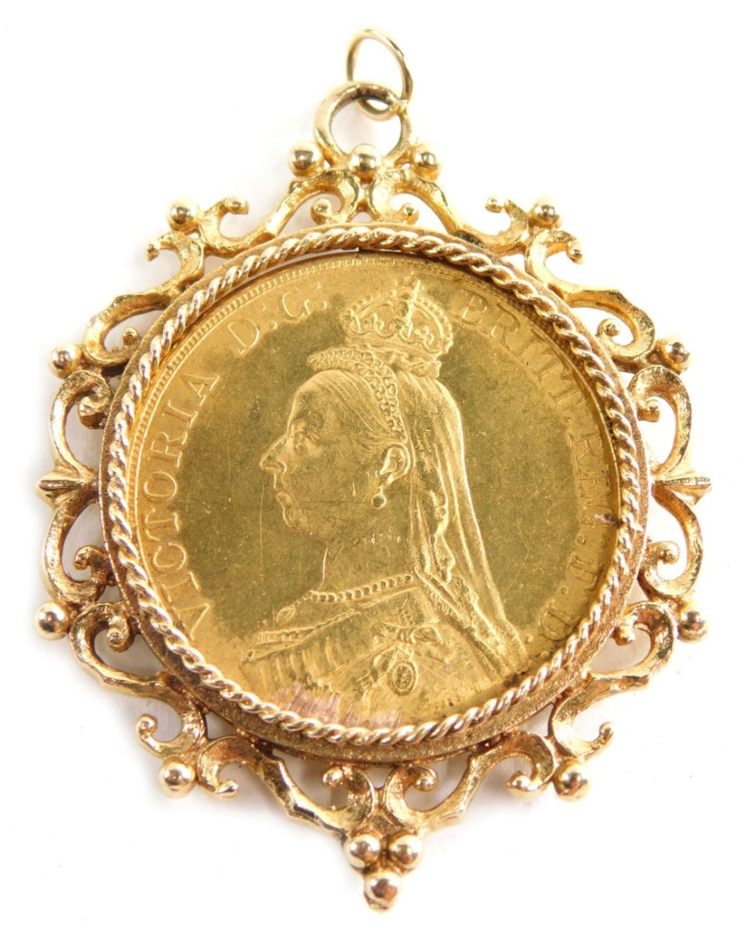 A Victorian gold jubilee five pound coin, 1887, in elaborate 9ct gold scroll mount, with plain circu