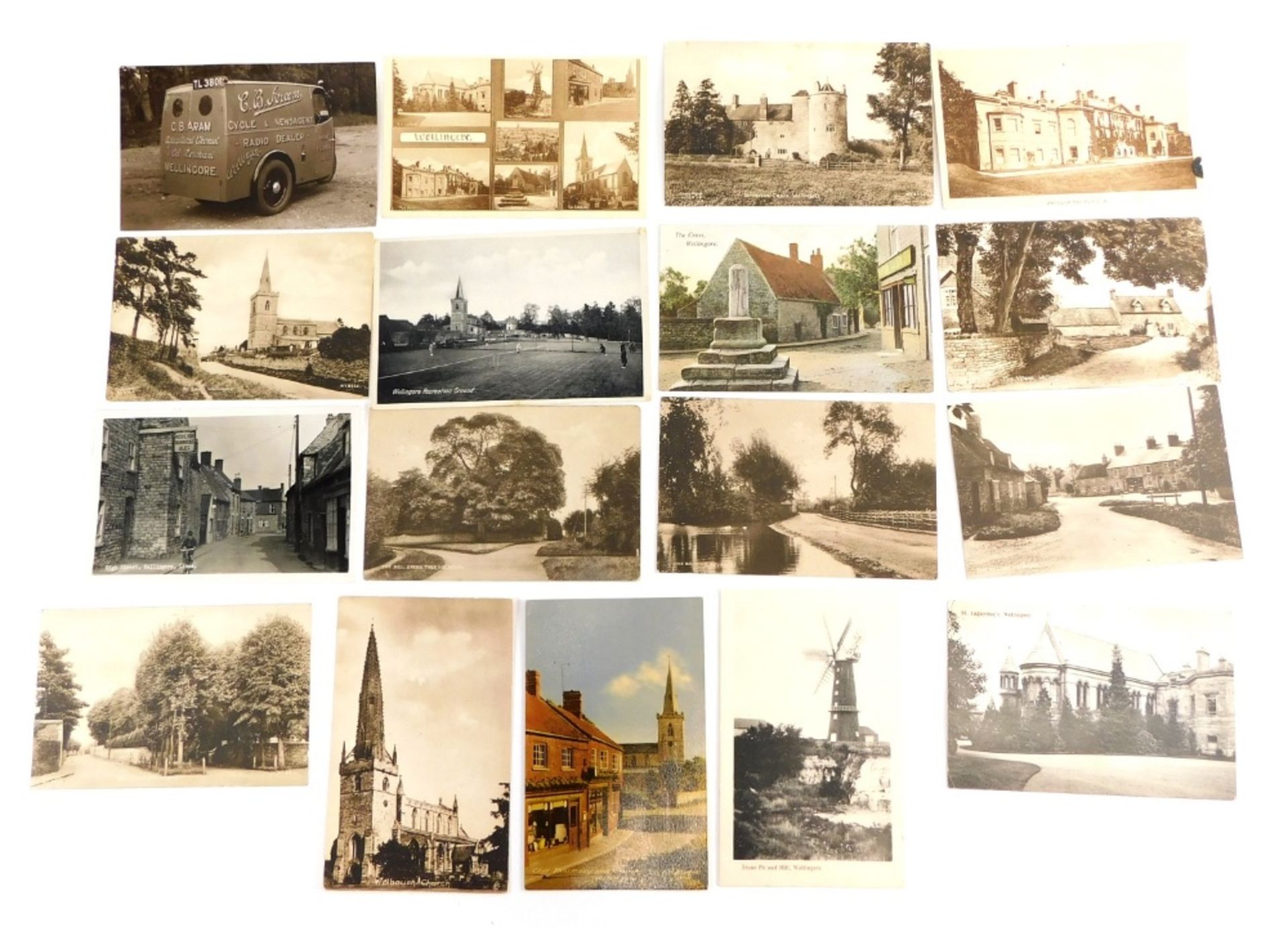 Various 20thC Lincolnshire Wellingore postcards, C B Aram advertising van photograph card, Somerton