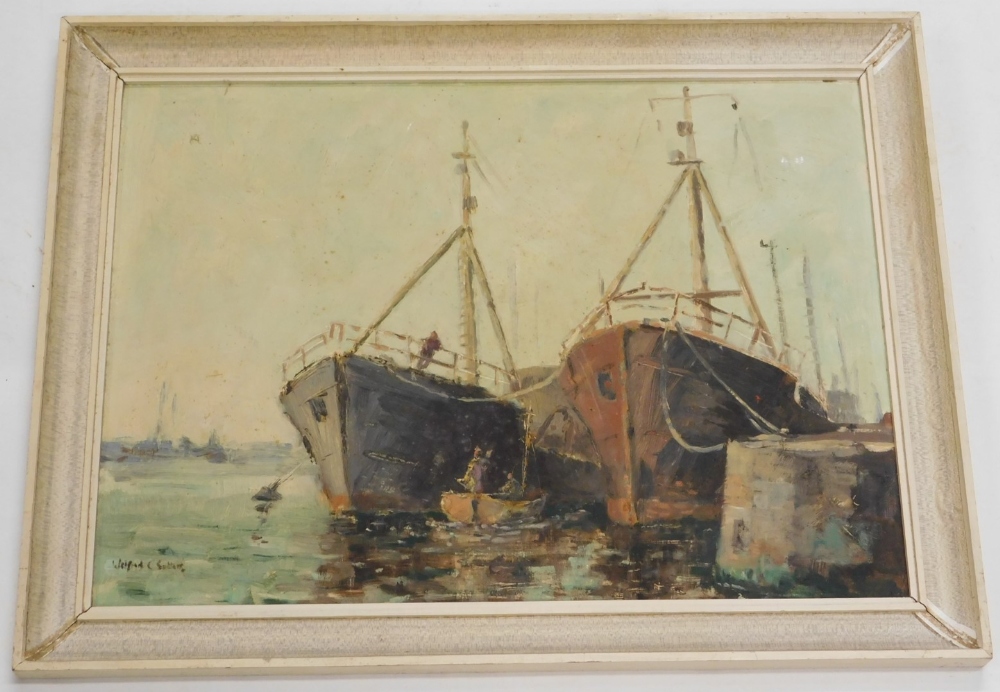 Wilfred C. Sutton (20thC). Longshaw Boat and Trawlers, oil on board, signed, 43cm x 58cm. - Image 2 of 3