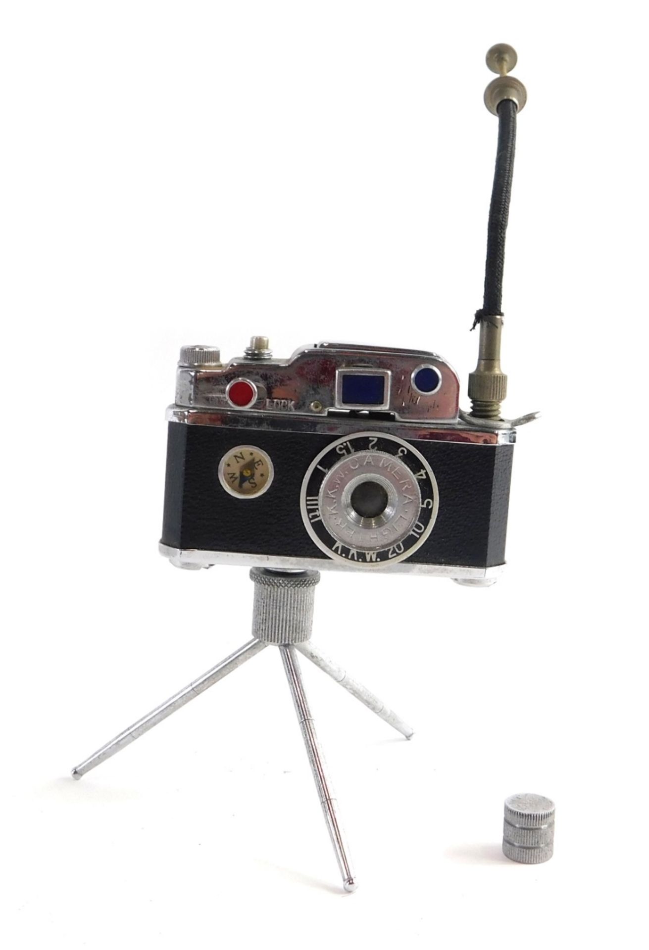 A Photo Flash miniature camera novelty table lighter, 5cm high, in original case.